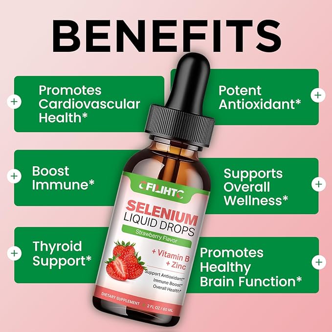 Selenium Liquid Drops - 200mcg Liquid Selenium Supplement with Vitamin B Complex & Zinc - Support for Immune System, Antioxidant & Heart Health, High Absorption - Strawberry Flavor, 2 Fl Oz-VitarraWellness