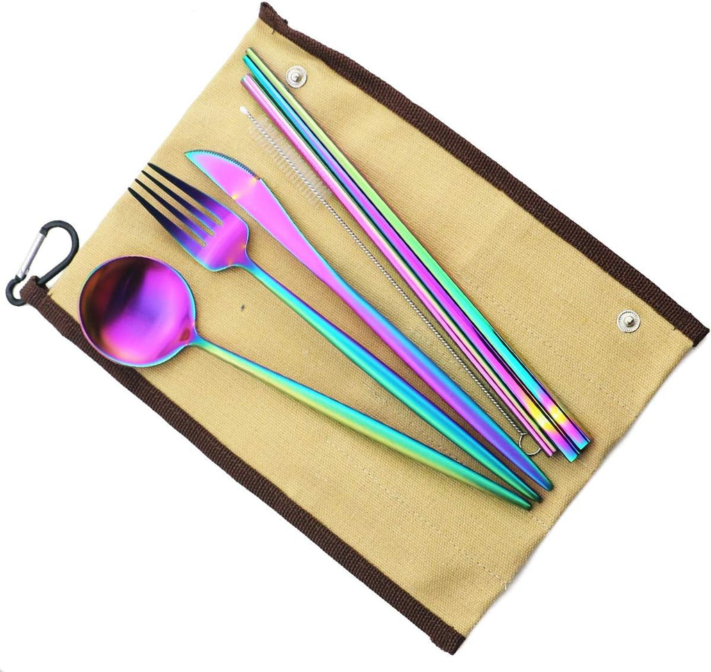 Gugrida Reusable Travel Utensils, 7 Piece Portable 304 Stainless Steel including Knife Fork Spoon Chopsticks Cleaning Brush Straws Portable Pouch, Eco-friendly Camping Silverware Set, Dishwasher Safe
