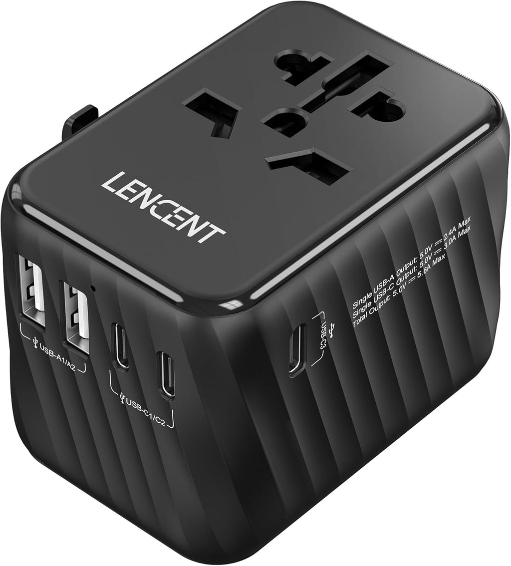 LENCENT Universal Travel Power Adapter, International AC Plug Adaptor with 5.6A 3 USB C 2 USB A Ports Wall Charger Worldwide Travel Essentials for US to EU UK Ireland Australia (Type C/G/A/I) Black