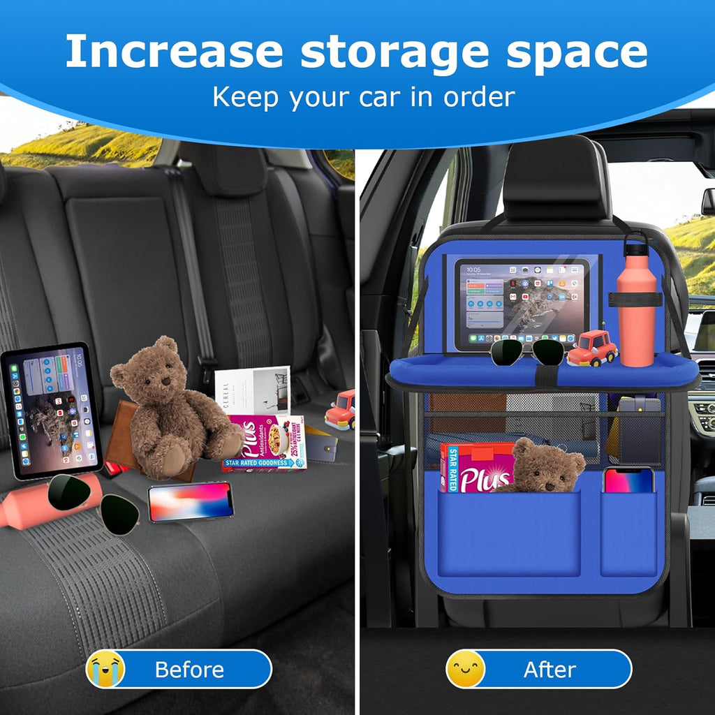 Car Backseat Organizer with tableTray & 9 Storage Pockets for Road Trip Essentials Travel Backseat Car Organizer for Bottle Snack Books(Blue)