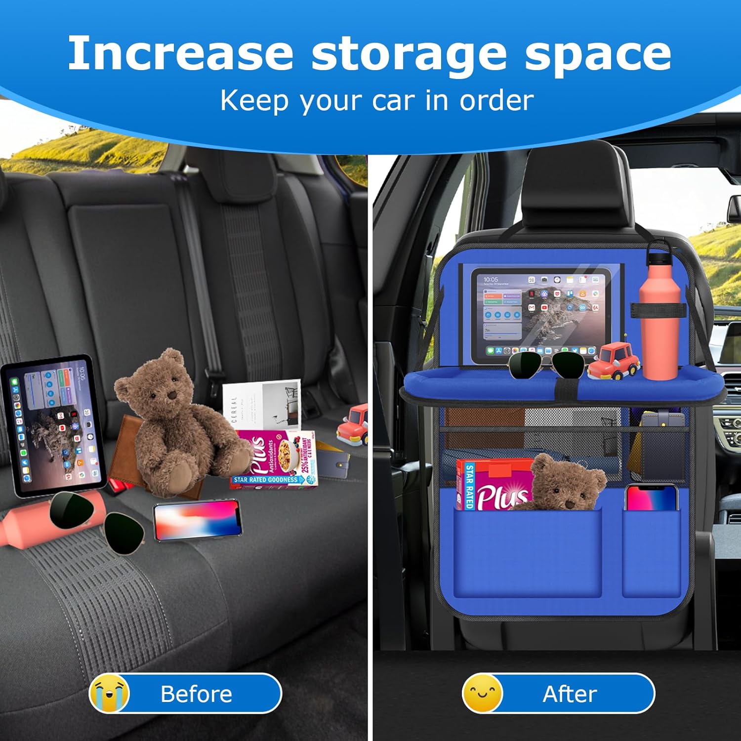 Car Backseat Organizer with tableTray & 9 Storage Pockets for Road Trip Essentials Travel Backseat Car Organizer for Bottle Snack Books(Blue)