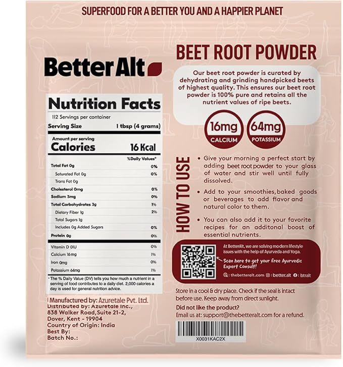 Beet Root Powder - 16oz, 100% Natural Nitric Oxide Booster, Beet Juice Powder, Superfood for Healthy Heart, Beets Powder Supplement, Beetroot Powder, 112 Servings,1lb