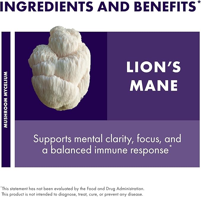 Host Defense Mushrooms Lion's Mane - Supplement Capsules for Brain Health Support - Mushroom Support for Focus & Memory Function - Immune & Nervous System Supplement - 120 Capsules (60 Servings)*