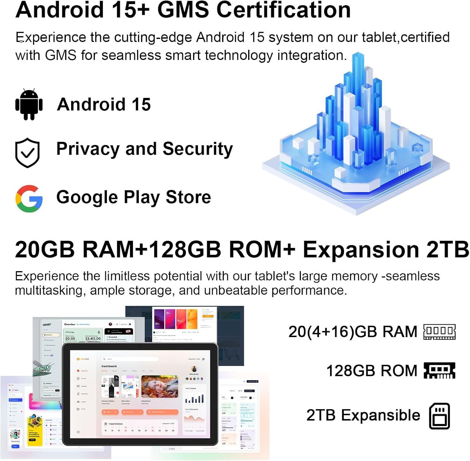 Android 15 Tablet 10 Inch, 20GB RAM+128GB ROM/2TB Expandable, 2 in 1 Tablets with Keyboard Case Mouse Stylus, 2.0GHz Quad-core Processor, 1280*800 IPS HD Screen, 5G WiFi 6 BT 5.0, 8MP Camera Tablet PC