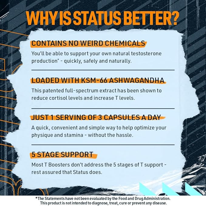 Blue Star Nutraceuticals Status - Testosterone Booster for Men - w/KSM 66 Ashwagandha - Invigorate Stamina, Muscle Growth & Energy | Natural Test Booster Support - 90 Veggie Capsules