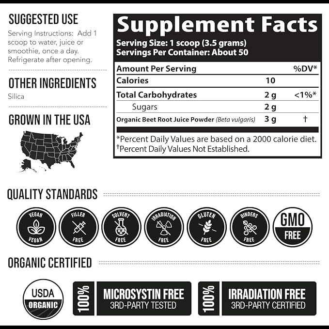 BioBeet® Max Strength Beet Root Juice Powder – 20:1 Concentrate, Each Serving Derived from 60,000 mg Organic Beetroot - Cold-Pressed, USA Grown – Nitric Oxide, Circulation Support – 50 Servings