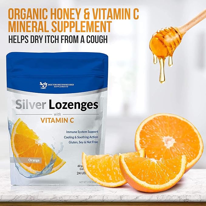 Silver Lozenges with Vitamin C - Premium Nano Silver 60 PPM Colloidal Silver, Organic Honey and Vitamin C Mineral Supplement Drops to Support Immune System, Soothe Cough & Throat - Pack of 2-VitarraWellness