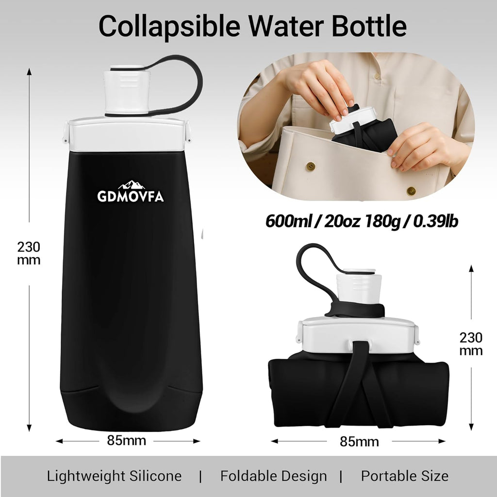 Collapsible Water Bottles,20oz Reusable Silicone Foldable Water Bottle,Portable Leak-proof Travel Water Bottle for Traveling Camping Hiking Cycling Yoga Sports Outdoor