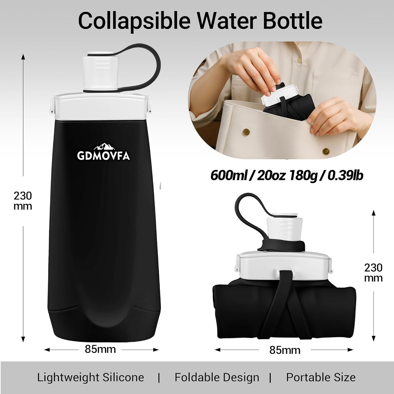 Collapsible Water Bottles,20oz Reusable Silicone Foldable Water Bottle,Portable Leak-proof Travel Water Bottle for Traveling Camping Hiking Cycling Yoga Sports Outdoor