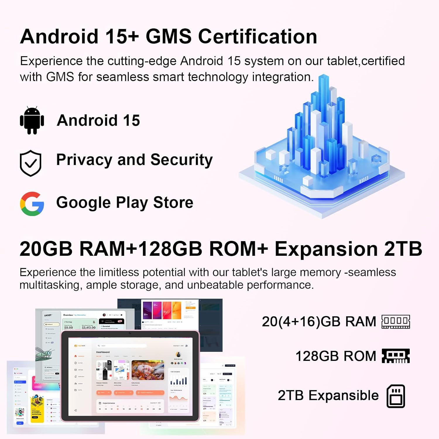 Android 15 Tablet 10 Inch, 20GB RAM+128GB ROM/2TB Expandable, 2 in 1 Tablets with Keyboard Case Mouse Stylus, 2.0GHz Quad-core Processor, 1280*800 IPS HD Screen, 5G WiFi6 BT 5.0, 8MP Camera Tableta PC