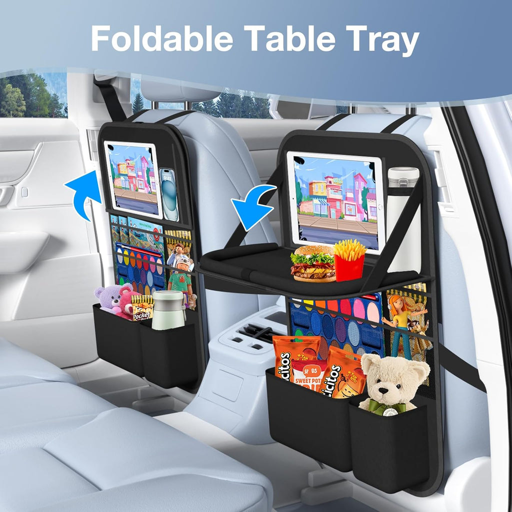 Car Backseat Organizer with table Tray, 9 Storage Pockets Backseat Car Organizer with Tablet Holder, Back seat Organizer for Kids Road Trip Essentials Travel (1Pack)
