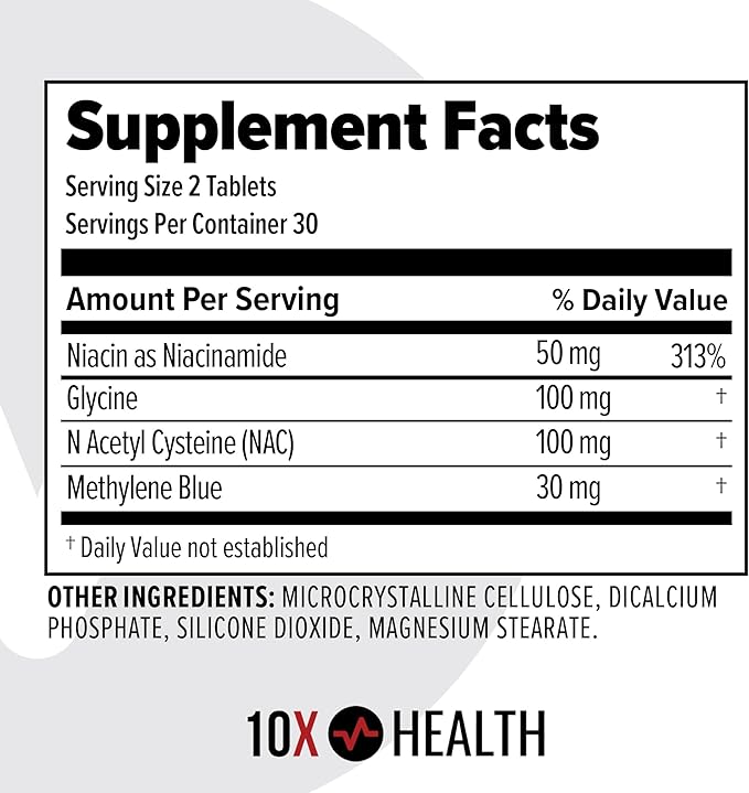 10X Health Superhuman Energy Pharmaceutical Grade Methylene Blue Tablets with Glycine, NAC, & Niacinamide - Boost Energy, Enhance Focus, & Cognitive Support - Non-GMO (60 Tablets)
