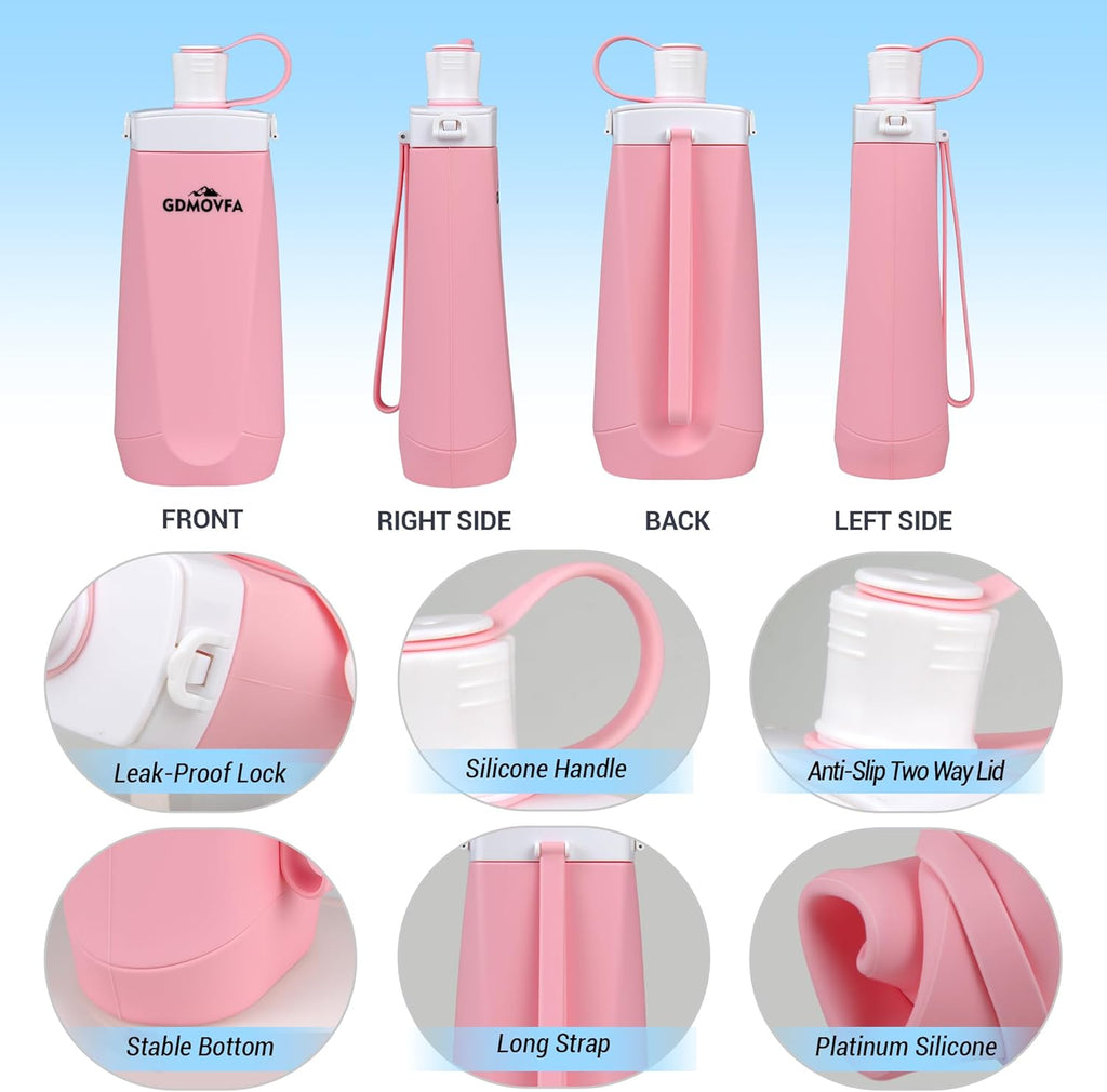 Collapsible Water Bottles,20oz Reusable Silicone Foldable Water Bottle,Portable Leak-proof Travel Water Bottle for Traveling Camping Hiking Cycling Yoga Sports Outdoor (Pink)