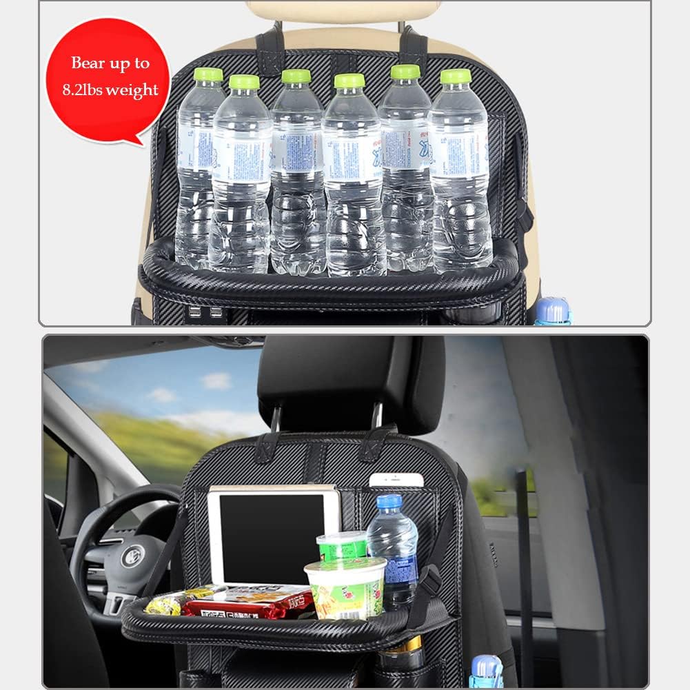 Car Backseat Organizer with Foldable Table Tray,Car Storage Organizer with Tablet Holder,Car Seat Back Protectors Kick Mats,Premium PU Leather Material,Compatible with Most Vehicles