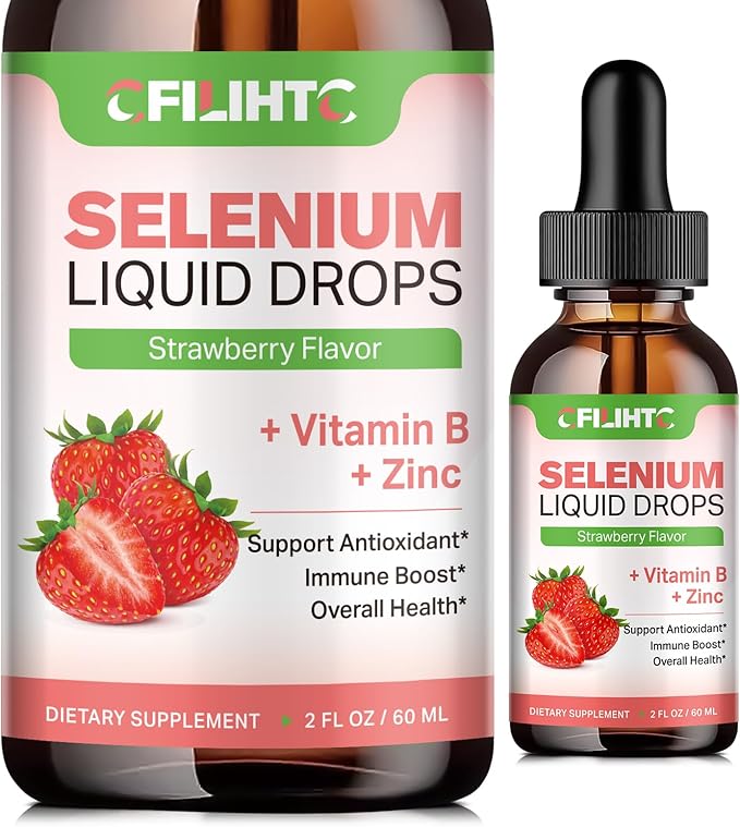 Selenium Liquid Drops - 200mcg Liquid Selenium Supplement with Vitamin B Complex & Zinc - Support for Immune System, Antioxidant & Heart Health, High Absorption - Strawberry Flavor, 2 Fl Oz-VitarraWellness