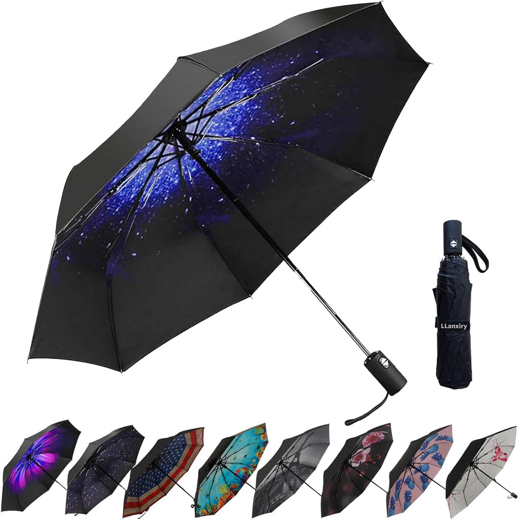 LLanxiry Compact Travel Umbrella, Mini Windproof Umbrellas for Rain & Sun, Small Lightweight Outdoor UV Umbrella, Portable Folding Umbrellas for Travel