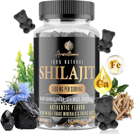 1500MG Shilajit Gummies for Men & Women, Shilajit Pure Himalayan Organic, with Ashwagandha, Sea Moss, Black Seed, Rich in Fulvic Acid, 85+ Trace Minerals, Authentic Flavor, 100% Natural, 60 Gummies