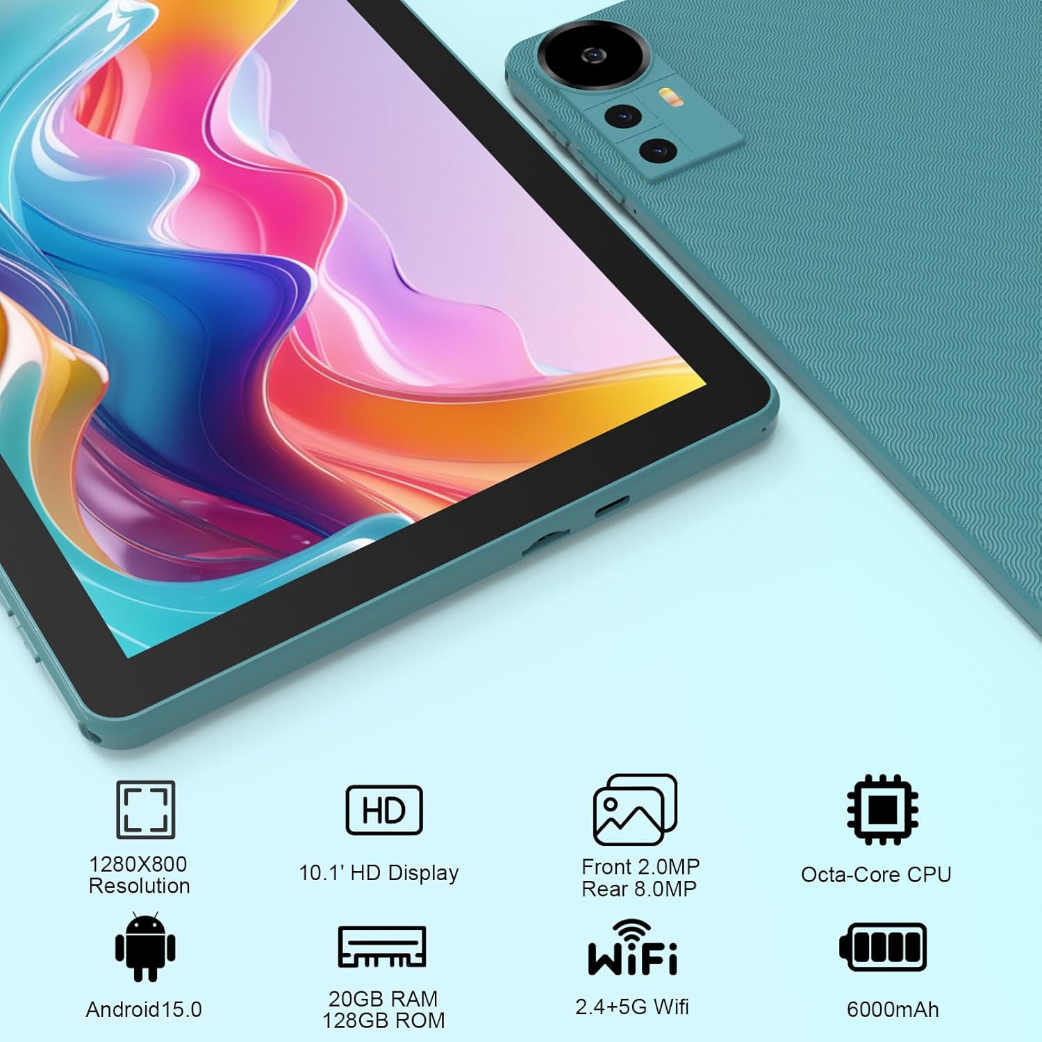 Android 15 Tablet 10 Inch, 20GB RAM+128GB ROM/ 2TB Expandable, 2.0GHz Quad-core Processor, 1280*800 IPS HD Screen, 5G WiFi 6 BT 5.0, 2 in 1 Tablets with Keyboard Case Mouse Stylus, Widevine L1