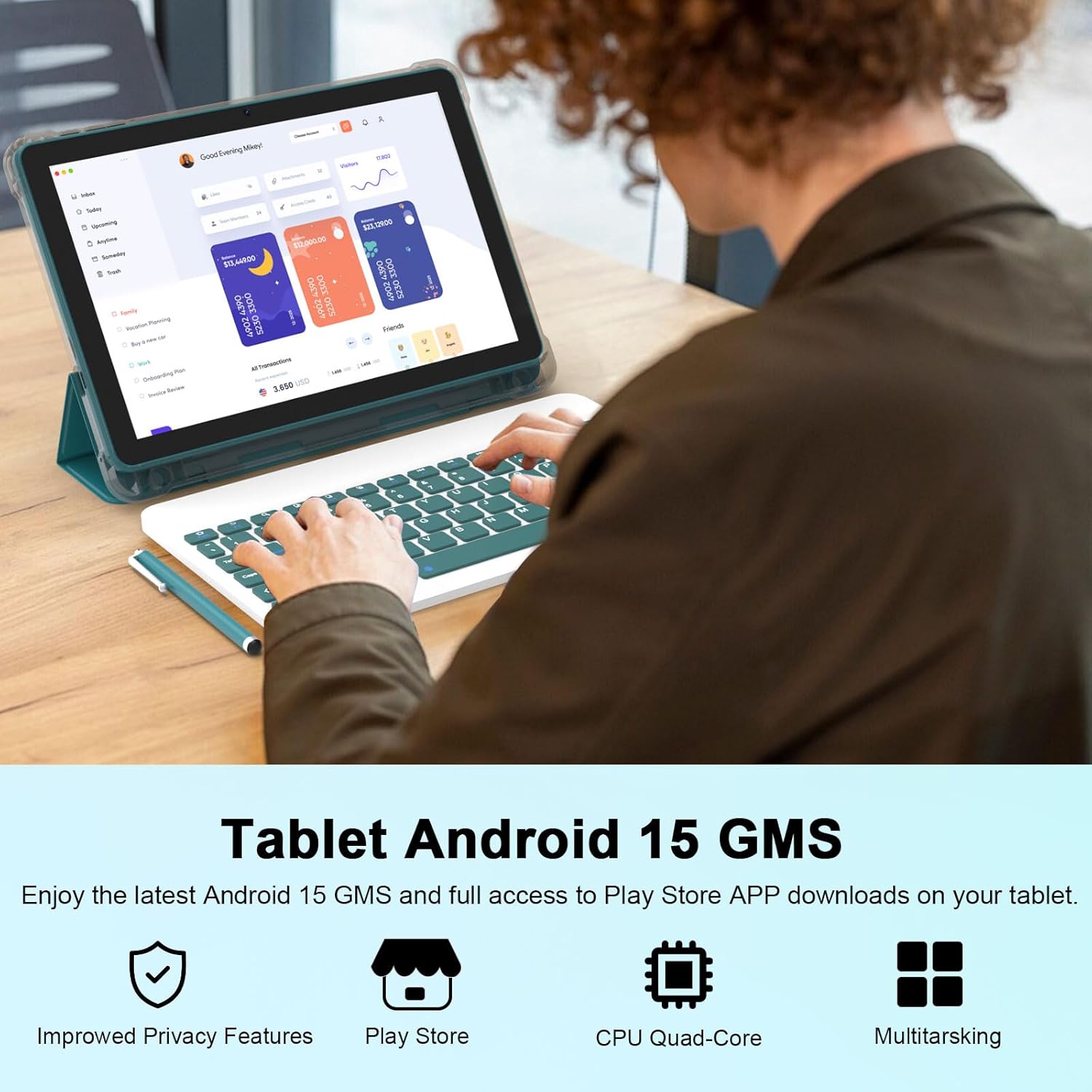 Android 15 Tablet 10 Inch, 20GB RAM+128GB ROM/ 2TB Expandable, 2.0GHz Quad-core Processor, 1280*800 IPS HD Screen, 5G WiFi 6 BT 5.0, 2 in 1 Tablets with Keyboard Case Mouse Stylus, Widevine L1