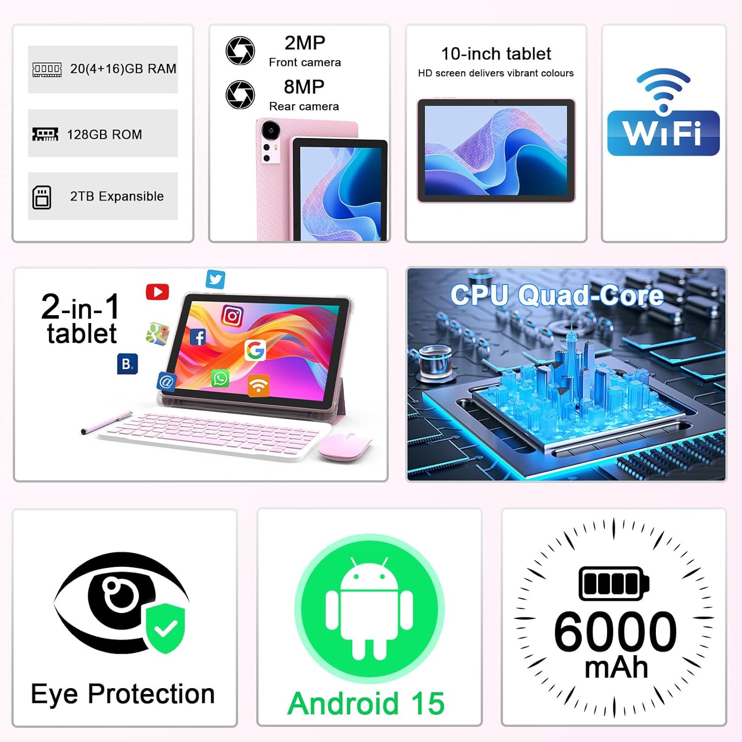 Android 15 Tablet 10 Inch, 20GB RAM+128GB ROM/2TB Expandable, 2 in 1 Tablets with Keyboard Case Mouse Stylus, 2.0GHz Quad-core Processor, 1280*800 IPS HD Screen, 5G WiFi6 BT 5.0, 8MP Camera Tableta PC