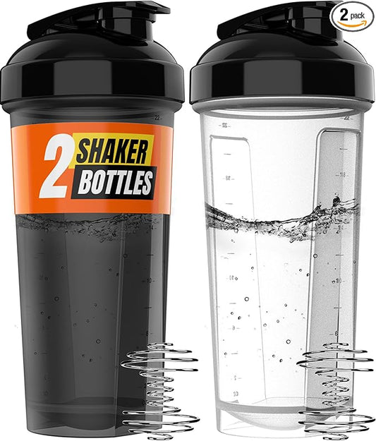 2 Pack Protein Shaker Bottle - upto 28oz, 2x Shaker Ball, Portable Pre Workout Whey Protein Shaker Cups for Protein Shakes, Leak Proof Shaker Bottles for Protein Mixes