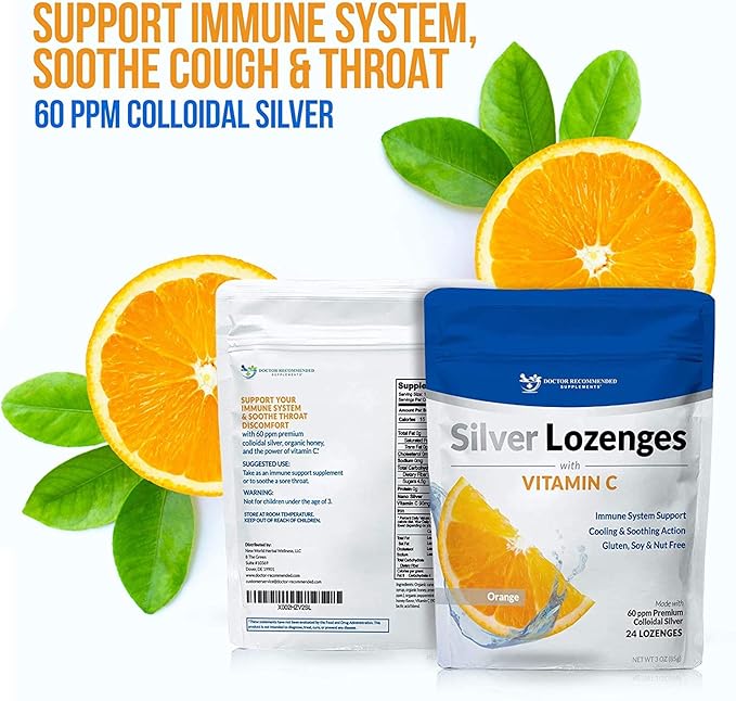 Silver Lozenges with Vitamin C - Premium Nano Silver 60 PPM Colloidal Silver, Organic Honey and Vitamin C Mineral Supplement Drops to Support Immune System, Soothe Cough & Throat - Pack of 2-VitarraWellness