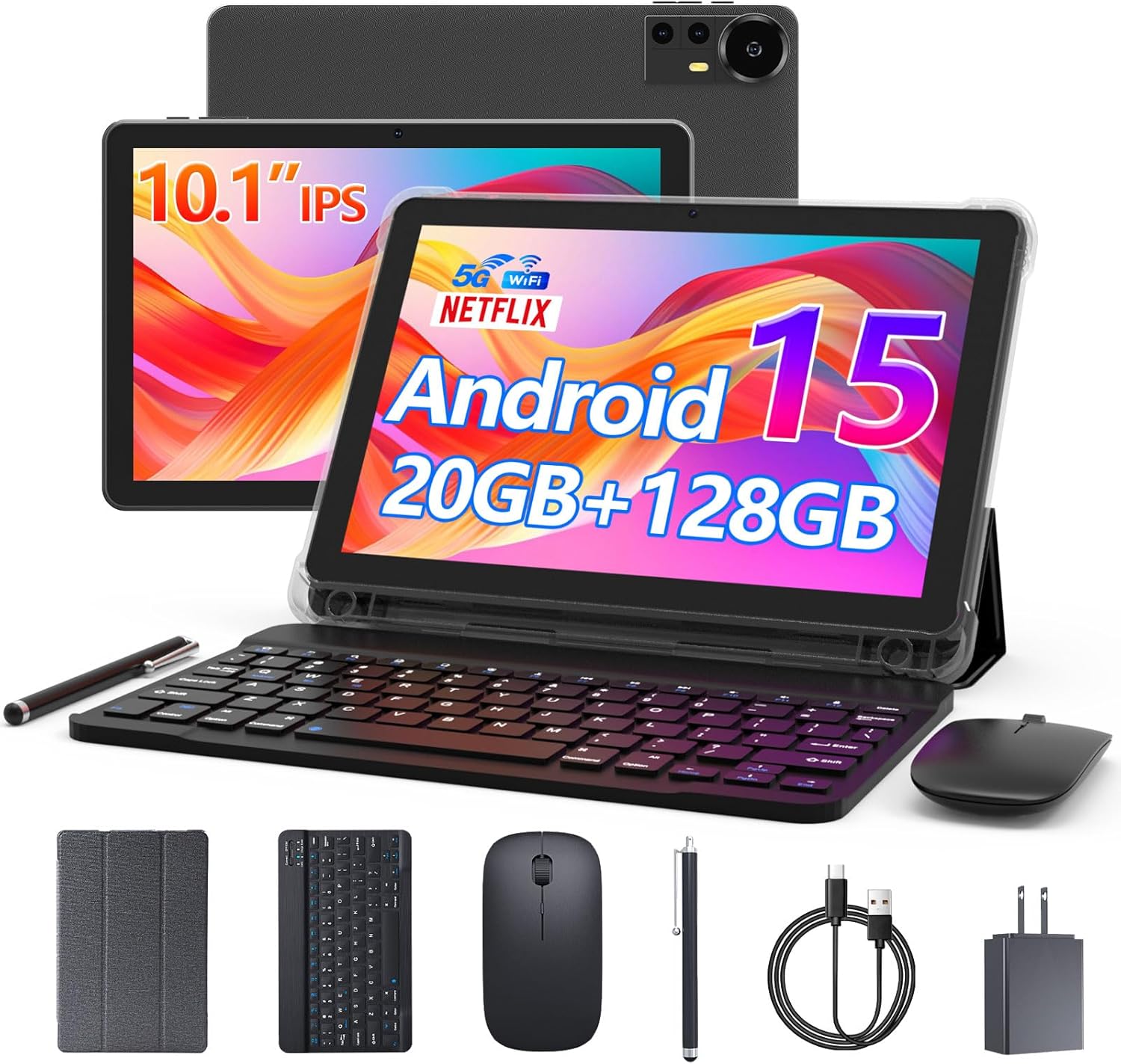 Android 15 Tablet 10 Inch, 20GB RAM+128GB ROM/2TB Expandable, 2 in 1 Tablets with Keyboard Case Mouse Stylus, 2.0GHz Quad-core Processor, 1280*800 IPS HD Screen, 5G WiFi 6 BT 5.0, 8MP Camera Tablet PC