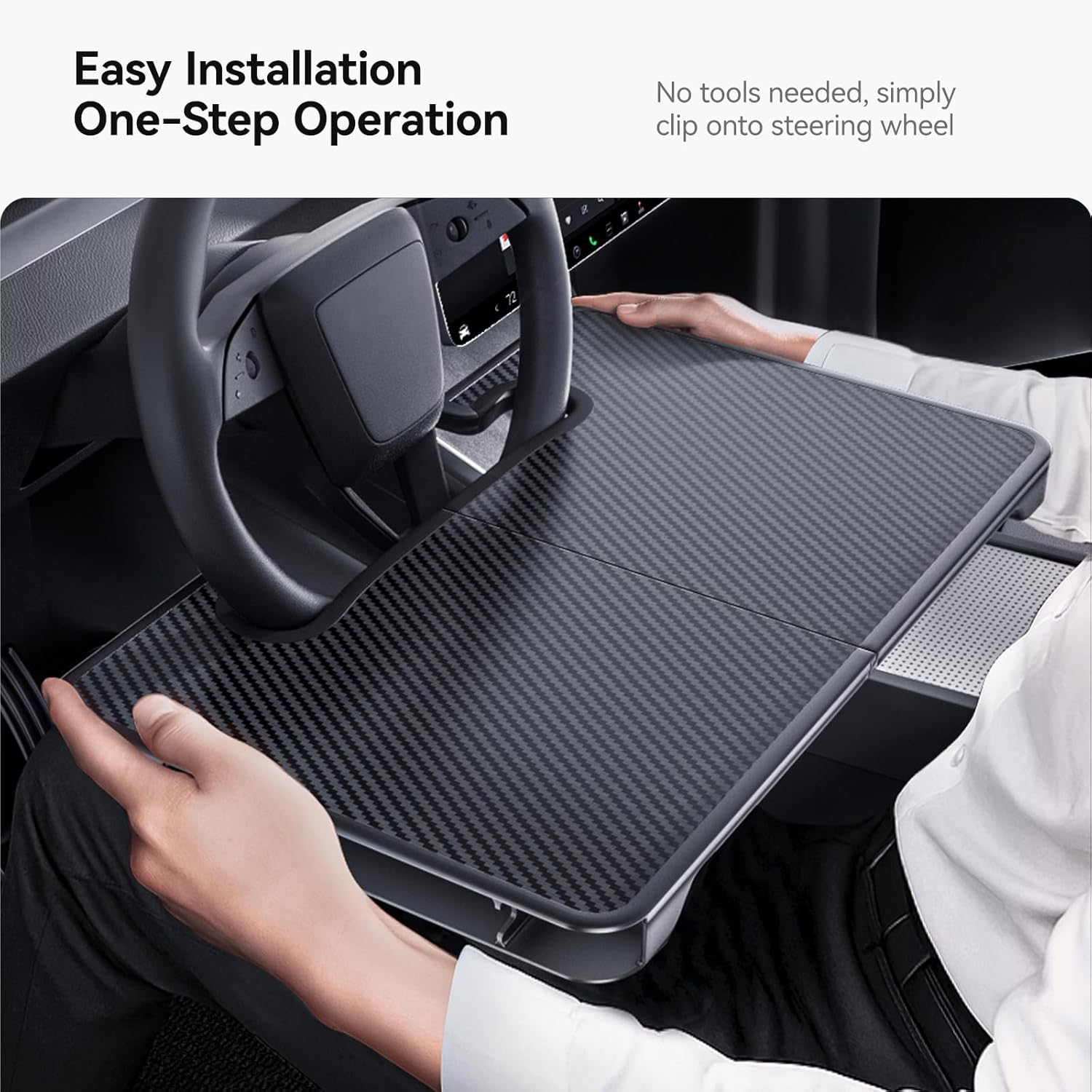 YONZEE 2-in-1 Car Steering Wheel Desk Tray & Car Seat Gap Filler Organizer – Foldable Carbon Fiber Look Table for Laptop, Eating Food, Writing – Universal Fit for Most Vehicles