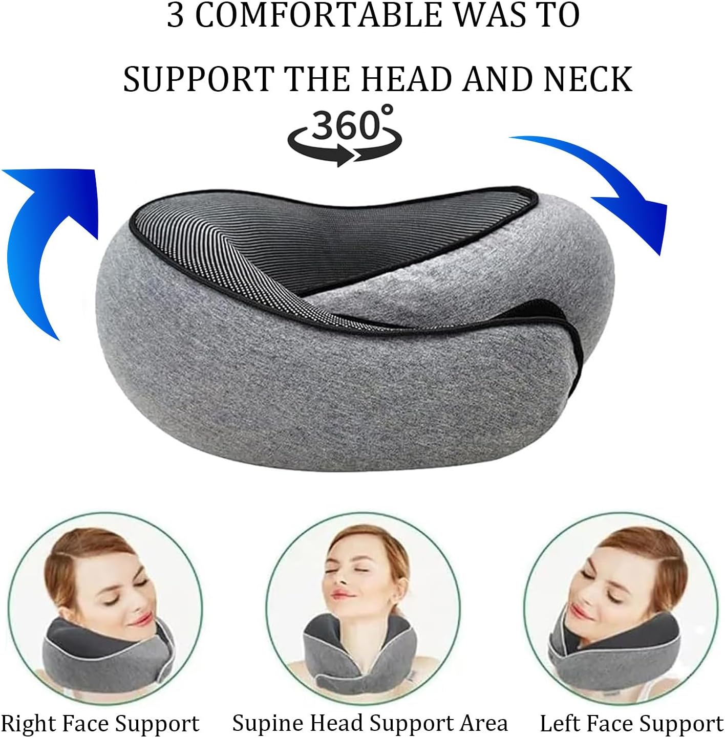 Travel Pillow, Travel Neck Pillow, 360 Degree Comfort and Breathability, Airplane Travel Neck Pillow, Stowable U-Shaped Pillow (Grey)