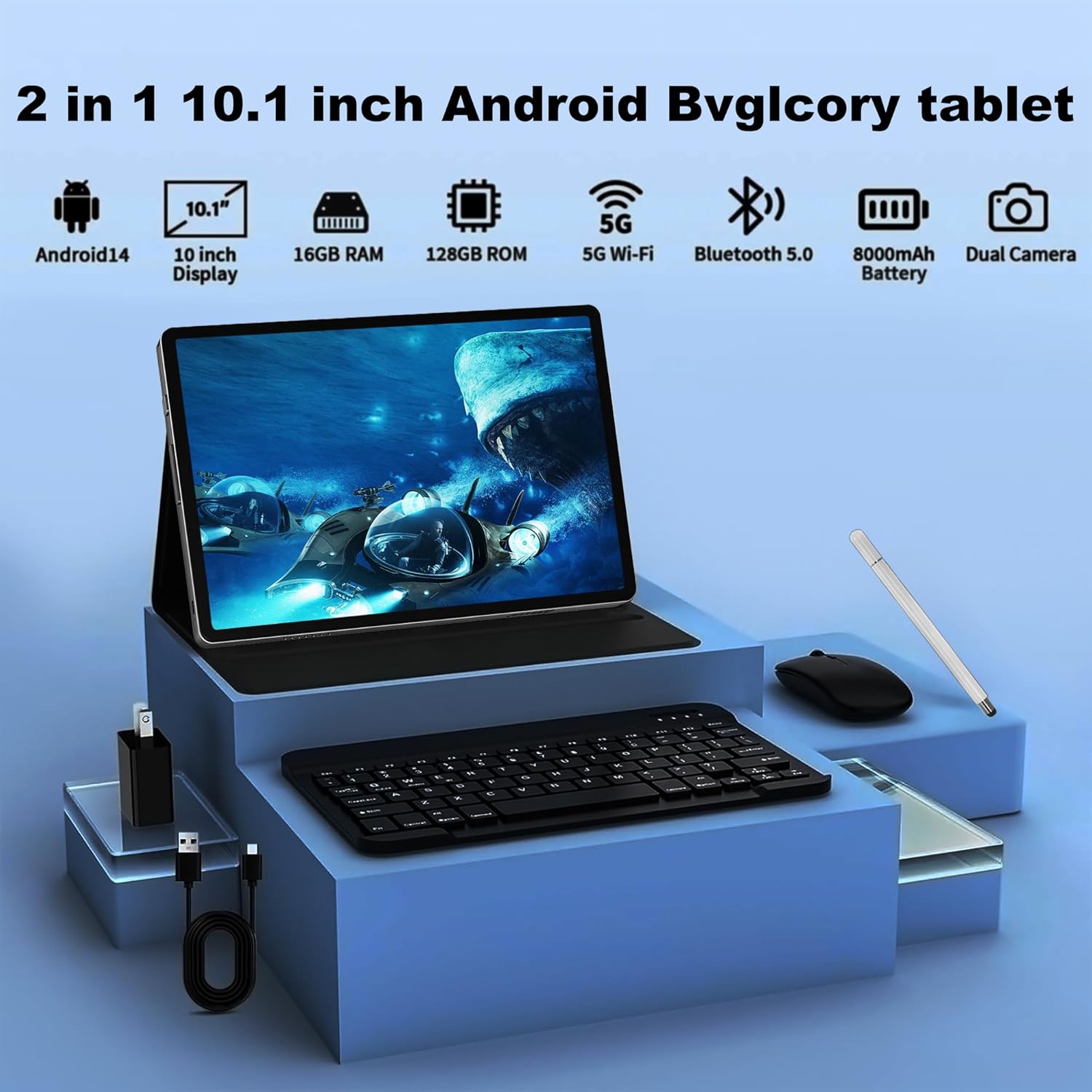 Android 14 Tablet with Keyboard，16GB RAM 128GB ROM 1TB Expand, 8000mAh Battery, 10.1 Inch Tablet with 13MP+8MP Camera/Bluetooth/GPS/WiFi/HD Display (Dark Gray)