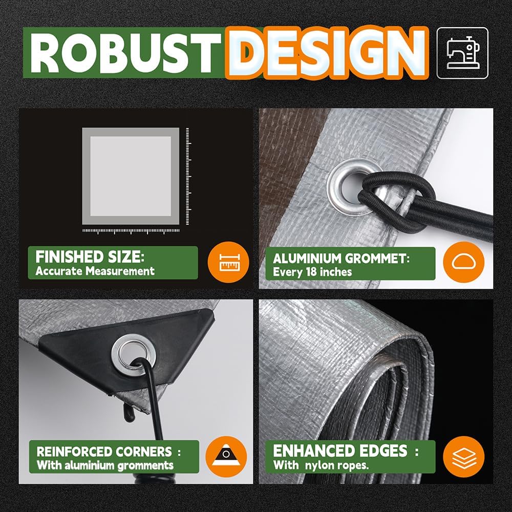 RAINDEWAY Small Tarps Heavy Duty Waterproof 4x10 Feet, 10Mil Multipurpose Poly Mini Tarp Cover with Metal Grommets, Camping Tarpaulin Silver/Brown Tarp Finished Size