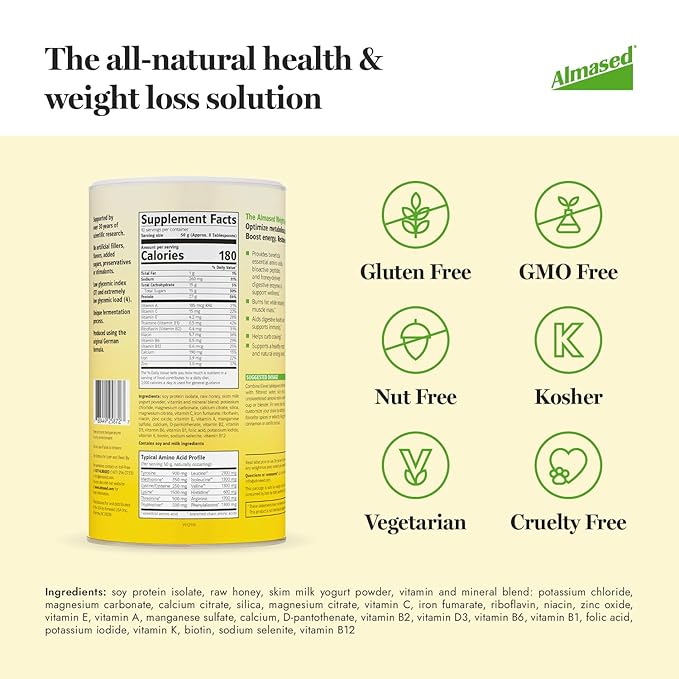 Almased Protein Powder for Weight Loss Kit for Men & Women, Natural Meal Replacement Shake for Weight Loss, Supplement, 27 Grams of Protein Per Serving (Original Flavor, 3 Cans @ 17.6 oz ea + Scoop)
