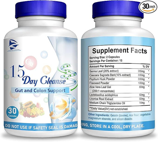 15 Day Cleanse -15 Day Gut Cleanse-Pastillas de 15 Dias para Limpiar El Colon, Advanced Formula with Senna, Cascara Sagrada & Psyllium Husk (1 PC)