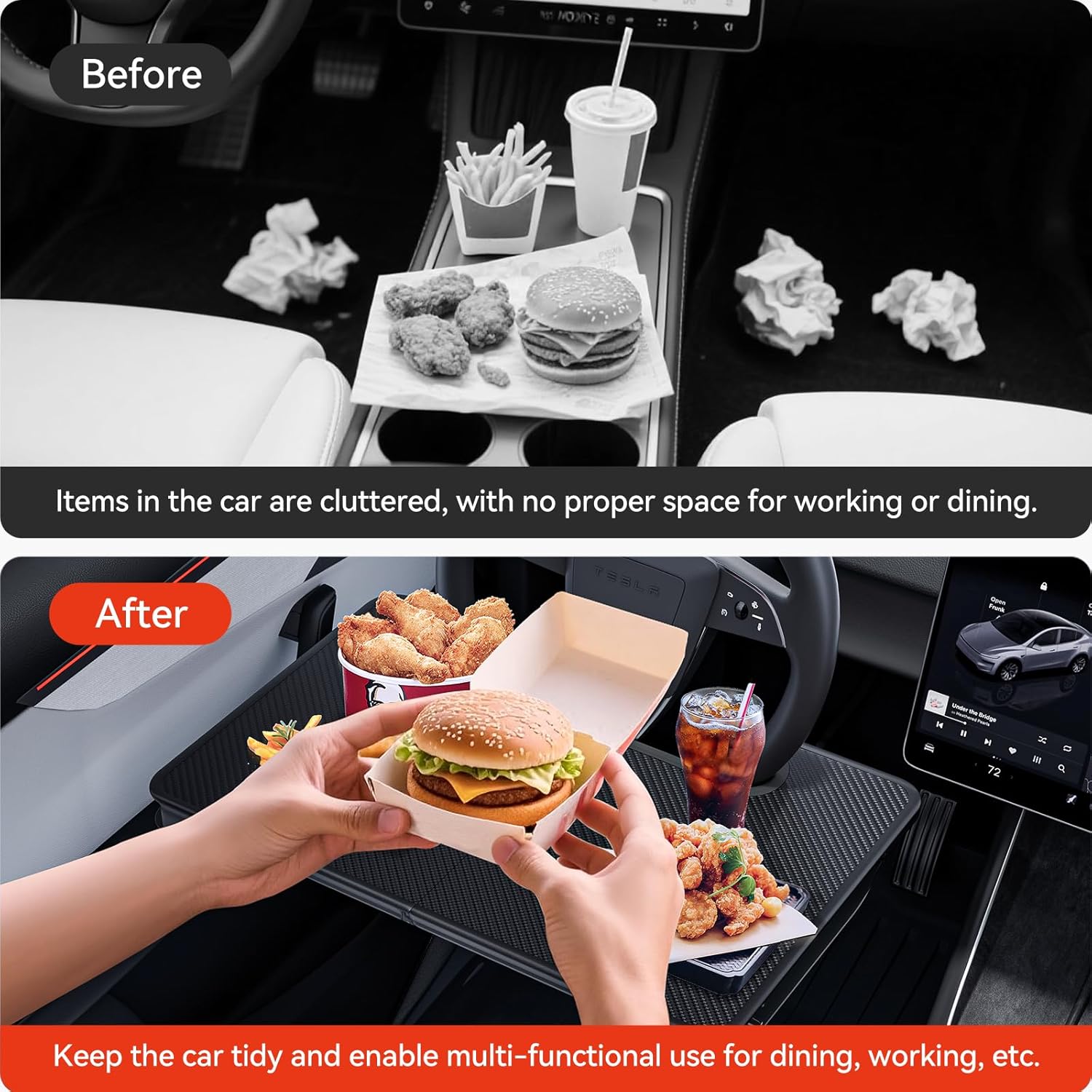 YONZEE 2-in-1 Car Steering Wheel Desk Tray & Car Seat Gap Filler Organizer – Foldable Carbon Fiber Look Table for Laptop, Eating Food, Writing – Universal Fit for Most Vehicles