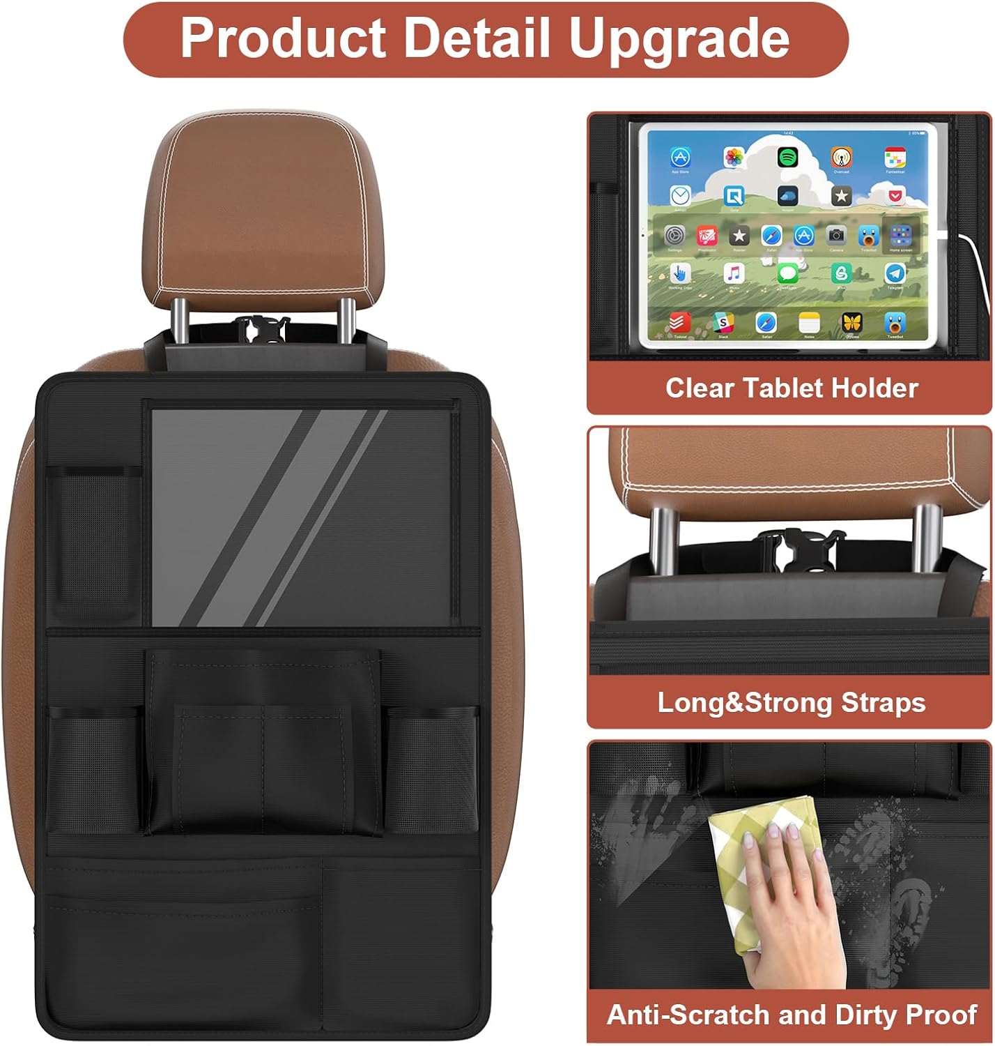 Backseat car Organizer with Touch Screen,2PACK of car organizer Kick Mats Back Seat Protector with 10pcs Storage Pockets,Car Seat Back Organizers Storage for Kids road trip essentials