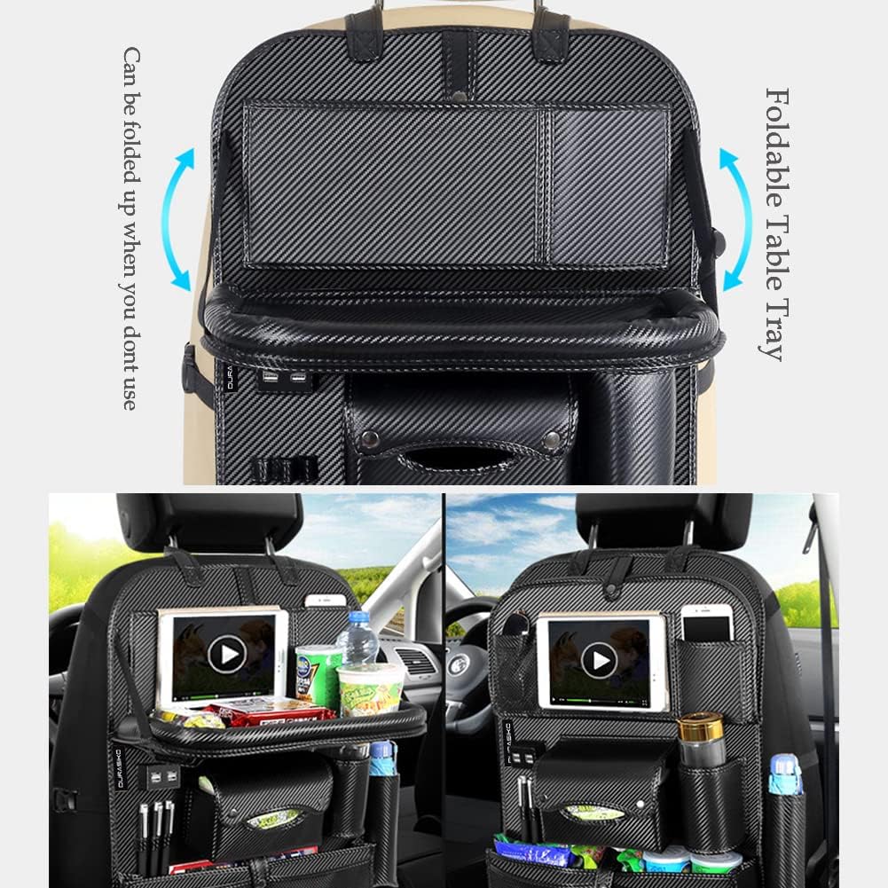 Car Backseat Organizer with Foldable Table Tray,Car Storage Organizer with Tablet Holder,Car Seat Back Protectors Kick Mats,Premium PU Leather Material,Compatible with Most Vehicles