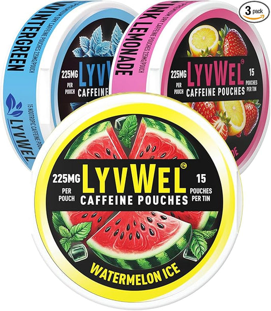 225mg Caffeine Energy Pouches | Nootropic Focus & Neuro Support | Tobacco-Free, Nicotine-Free, Quick Energy Solution | 3-Pack: 45 Pouches (3 Pack, Watermelon Ice, Pink Lemonade, Wintergreen)