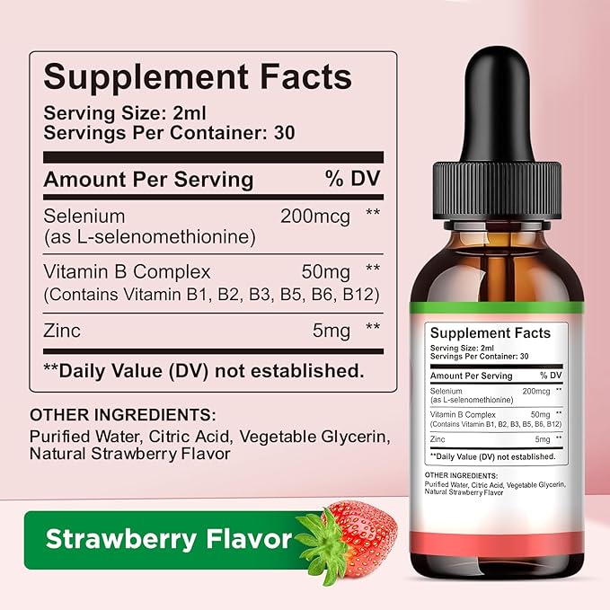 Selenium Liquid Drops - 200mcg Liquid Selenium Supplement with Vitamin B Complex & Zinc - Support for Immune System, Antioxidant & Heart Health, High Absorption - Strawberry Flavor, 2 Fl Oz-VitarraWellness