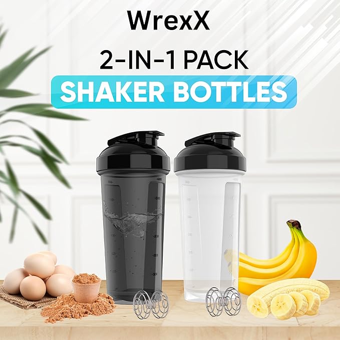 2 Pack Protein Shaker Bottle - upto 28oz, 2x Shaker Ball, Portable Pre Workout Whey Protein Shaker Cups for Protein Shakes, Leak Proof Shaker Bottles for Protein Mixes
