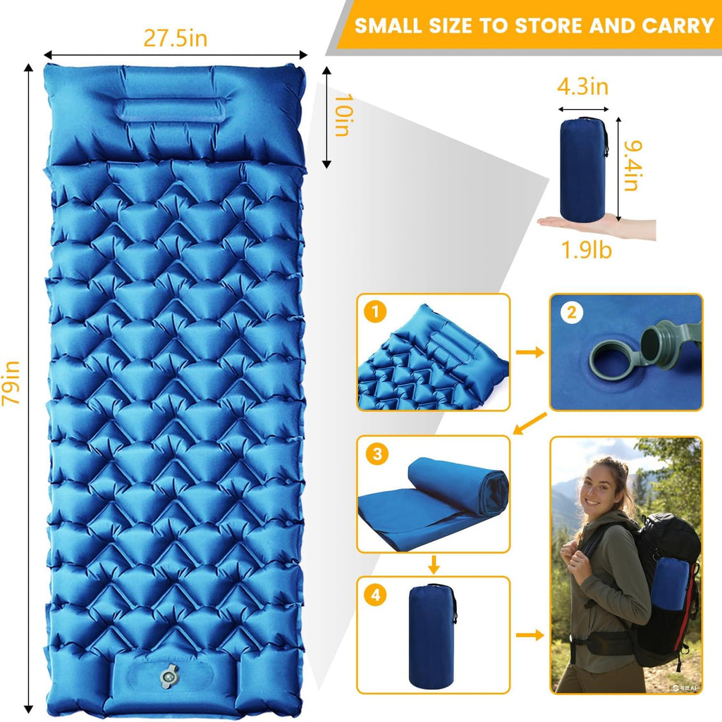 Sleeping Pad, Compact Sleeping Pad for Camping with Pillow Built-in Foot Pump, Inflatable Sleeping Mat for Travel Backpacking Hiking Sleeping Bag Tent, Outdoor Adventure Camp Gear