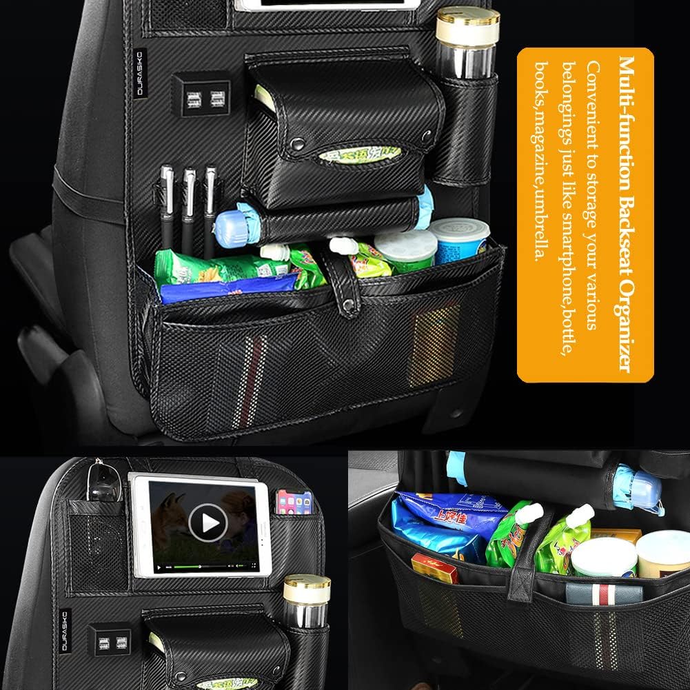 Car Backseat Organizer with Foldable Table Tray,Car Storage Organizer with Tablet Holder,Car Seat Back Protectors Kick Mats,Premium PU Leather Material,Compatible with Most Vehicles
