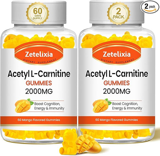 2 Pack Acetyl L-Carnitine Gummies 2000mg, L-Carnitine Supplement for Promote Fatty Acids Oxidation, Nutrition Supplement for Boost Energy, Immunity & Metabolism, Mango Flavor, 120 Count