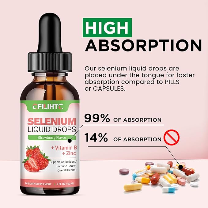 Selenium Liquid Drops - 200mcg Liquid Selenium Supplement with Vitamin B Complex & Zinc - Support for Immune System, Antioxidant & Heart Health, High Absorption - Strawberry Flavor, 2 Fl Oz-VitarraWellness