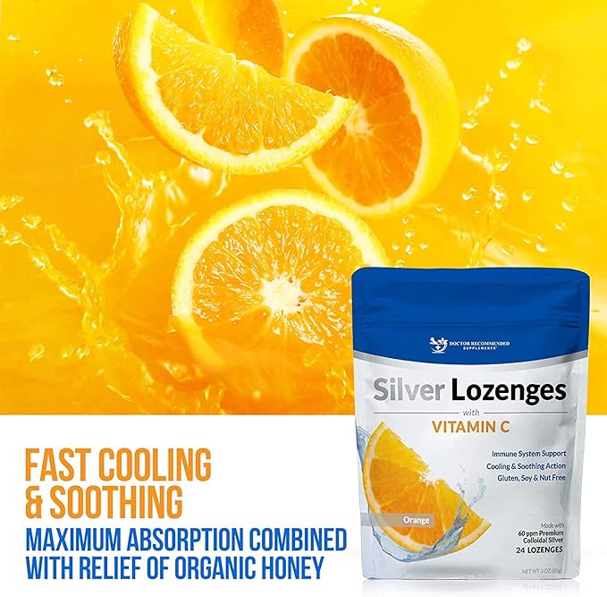 Silver Lozenges with Vitamin C - Premium Nano Silver 60 PPM Colloidal Silver, Organic Honey and Vitamin C Mineral Supplement Drops to Support Immune System, Soothe Cough & Throat - Pack of 2-VitarraWellness