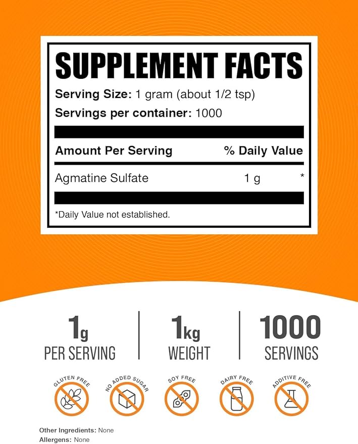 BulkSupplements.com Agmatine Sulfate Powder - Nitric Oxide Supplement, Agmatine Sulfate 1000mg - Unflavored & Gluten Free, 1000mg per Serving, 1kg (2.2 lbs) (Pack of 1)