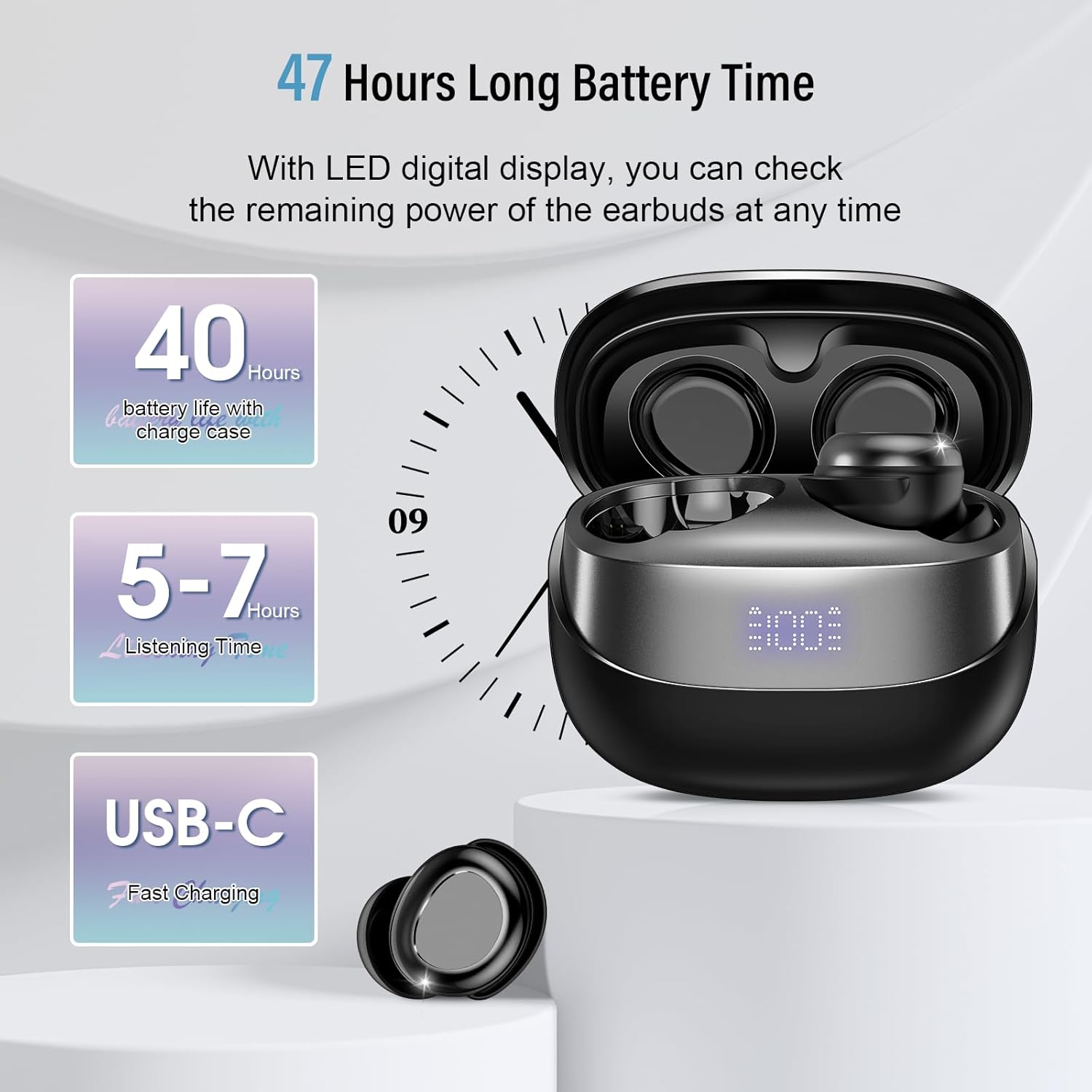 Sleep Earbuds Bluetooth 5.4 in Ear Light-Weight Headphones, Mini Sleep Headphones Small Design for Side Sleepers, 47H Playtime with Charging Case, Clear Calls Earphones, Black