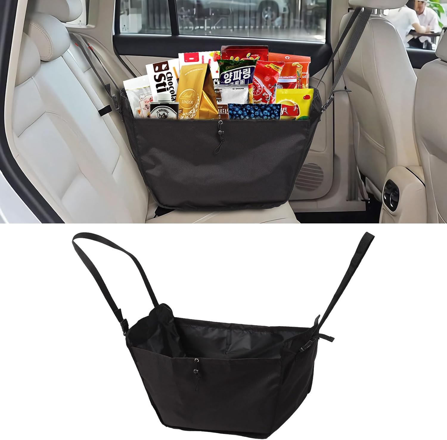 Car Seat Organizer - Large Capacity Passenger Seat Storage Travel Bag, Portable, Foldable and Collapsible Miscellaneous Car Hanging Bag, Shopping Shoulder Bag, Reusable Tote with Drawstrings