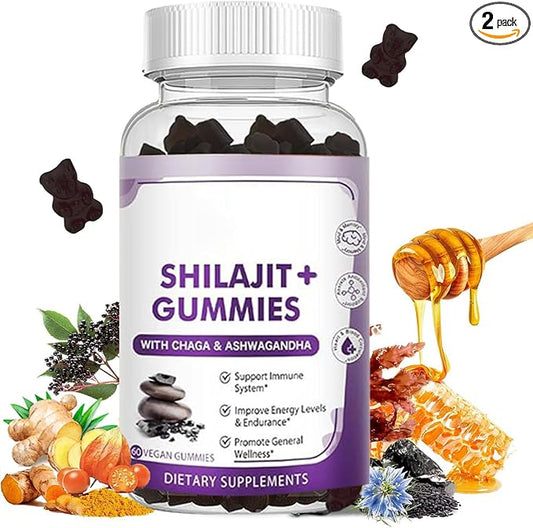 2 Pack Shilajit Gummies, Pure Shilajit with Ashwagandha, Black Seed Oil, Vitamins C, D3, B12 & Zinc, Vegan, Non-GMO, Energy & Immune Support Supplement for Men & Women, 60 Gummies Each
