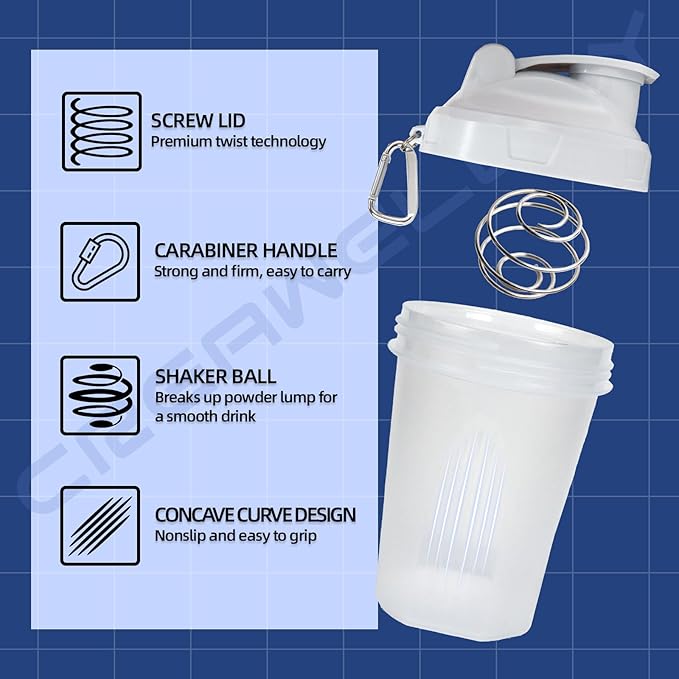 2 Pack Shaker Bottles for Protein Mixes, 17 oz Small Protein Shaker Bottle with Handle, Gym Shaker Cups with Blending Ball for Pre Workout, BPA-Free & Dishwasher Safe(Black, White)