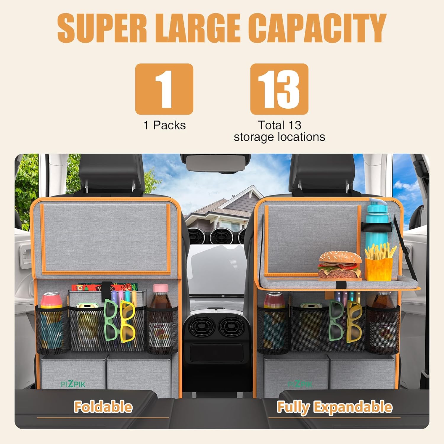 Car Backseat Organizer with Tablet Holder,11 Storage Pockets with Foldable Food Tray, Protector Kick Mats for Kids, Travel Accessories Organizer (Orange, 1Pack)